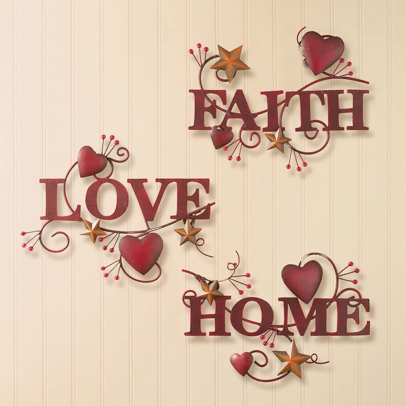 Collections Etc Red Home, Love and Faith Metal Wall Art - Set of 3 - Image 2